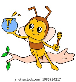 bees are sitting on a tree branch taking natural honey, vector illustration art. doodle icon image kawaii.