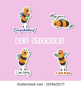 Bees sticker set with different emotions. Vector illustration. 
