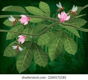 bees sucking nectar from flowers on the green forest background