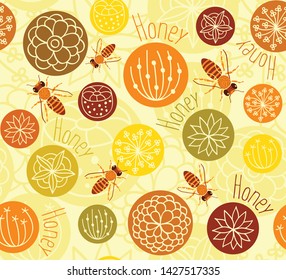 Bees in the summer seamless pattern. Bees and flowers. Bees collect nectar. Vector Background for fabric, textile, wallpaper, posters, gift wrapping paper, napkin, pajamas. Print for children, baby 