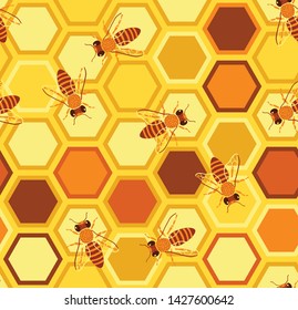 Bees in the summer seamless pattern. Bees and honey. Bees are sitting on the comb. Background for fabric, textile, wallpaper, posters, gift wrapping paper, napkin, pajamas. Print for children, baby