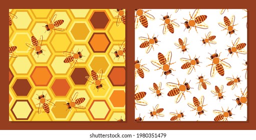 Bees in the summer - seamless pattern. Bees and honey. Bees are sitting on the comb. Background for fabric, textile, wallpaper, posters, gift wrapping paper, napkin, pajamas. Print for children, baby