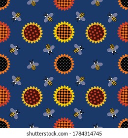 
Bees and sunflower flowers. Seamless vector pattern on a blue background. Various flowers and insects.Illustration of harvesting honey. Farmhouse decor.

