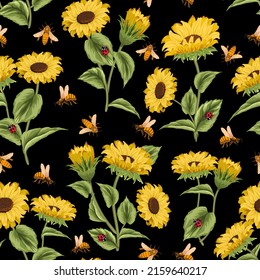 Bees and sunflowers in a pattern.Vector pattern with bees and sunflowers on a black background.