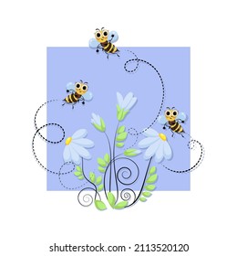 Bees swarm. Cheerful bee and chamomile flower. World Bee Day. Bee swarming, honey bees fly