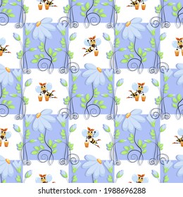 Bees swarm. Organic, natural flower honey. Honey products. Vector checkered background. Funny bee with full honey buckets on a camomile meadow. Seamless pattern. Vector illustration in flat style. 