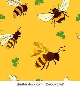 bees and trefoil on a yellow background. Vector pattern