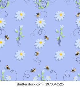 Bees. Vector background. Bee swarm in a camomile meadow. Bee meadow. Cute cartoon character. 