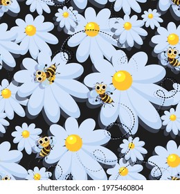 Bees. Vector chamomile. Bee swarm. Black background. Bees in a meadow with camomiles. Bee meadow. 