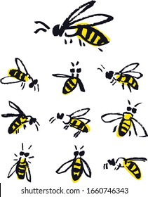 Bees Vector Illustrations Isolated objects Hand drawing Sketch style set