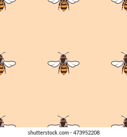 Bees vector seamless background in beige. Abstract art design illustration