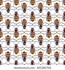 Bees vector seamless pattern over white