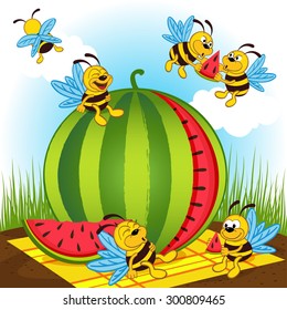 bees and watermelon - vector illustration, eps