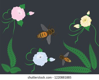 Bees and wild flowers with buds, green branches - illustration,