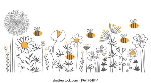 bees in wildflower meadow,  hand drawing