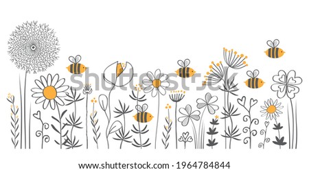 bees in wildflower meadow,  hand drawing