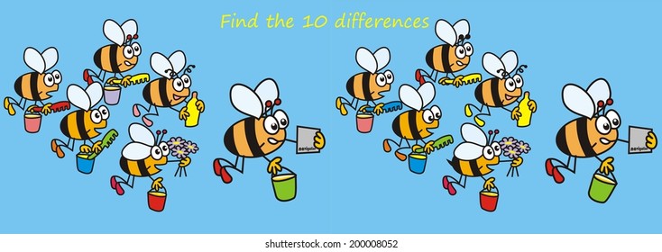 bees,find the ten differences, game, vector illustration