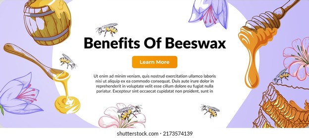 Beeswax benefits landing page engraved vector illustration. Natural healthy bee ingredient for food and beauty cosmetics internet web banner with place for text. Insect honey product promo