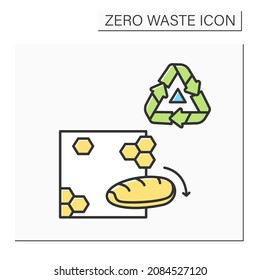 Beeswax food wrap color icon. Bread on biodegradable plastic alternative wrapping material with recycling. Zero waste and recyclable packaging concept. Isolated vector illustration