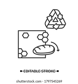 Icono de envoltura de alimentos de cera de abejas .Pan sobre material de embalaje alternativo plástico biodegradable con pictograma lineal de reciclado. Cero residuos y concepto de envases reciclables. Ilustración vectorial de trazo editable