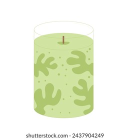 Beeswax green aroma candle. Handmade scented candlelight isolated in white background. Hygge time. Aromatherapy and relaxation home decor. Vector flat illustration.