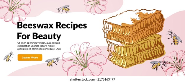 Beeswax recipe for beauty landing page decorative design engraved vector illustration. Honey healthy ingredients for skin hair care instructions guide internet web banner. Skincare spa treatment