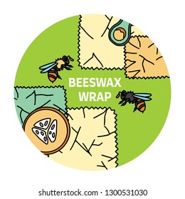 Beeswax wrap illustration with bees and fruit with text. Zero waste products. Plastic free kitchen.