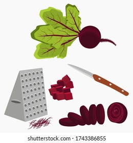 Beet. Beetroot set. Plant. Garden. Cooking, food, vitamins. Diced and grated beets for cooking.