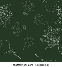 Beet and broccoli vegetables seamless pattern on white background, green ingredients broccoli food, vector illustration