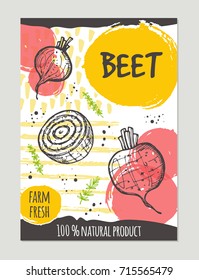 Beet brochure concept design. Retro background. Hand drawn vector illustration. Can be used for street festival, farmers market, country fair, shop, menu, cafe, restaurant, poster, banner.