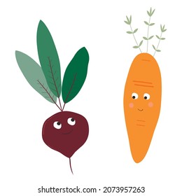 Beet and carrot friends. Funny cartoon doodle vegetables. Cuteness childish illustration. Modern trendy icon for textile, room design, children party.