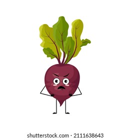 Beet character with angry emotions, grumpy face, furious eyes, arms and legs. Person with irritated expression, vegetable emoticon. Vector flat illustration