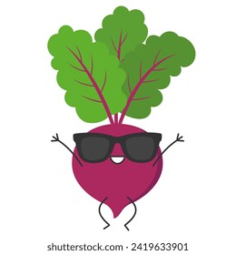 Beet character cartoon jumping greeting joy cute smile face sunglasses vegetable beautiful vector illustration.