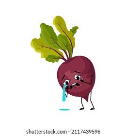 Beet character with crying and tears emotion, sad face, depressive eyes. Person with melancholy expression, vegetable emoticon. Vector flat illustration