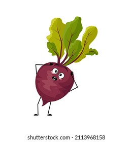 Beet character with emotions in panic grabs his head, surprised face, shocked eyes, arms and legs. Person with scared expression, vegetable emoticon. Vector flat illustration
