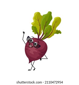 Beet character with happy emotion with glasses, joyful face, smile eyes, arms and legs. Person with expression, vegetable emoticon. Vector flat illustration