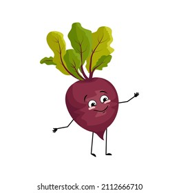 Carácter de remolacha con emoción feliz, cara alegre, ojos sonrientes, brazos y piernas. Persona con expresión, emoticono de verduras. Ilustración plana del vector