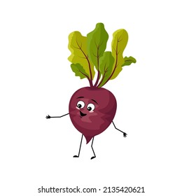 Beet character with happy emotion, joyful face, smile eyes, arms and legs. Person with expression, vegetable emoticon. Vector flat illustration