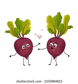 Carácter de remolacha con emociones de amor, cara de sonrisa, brazos y piernas. Persona con expresión feliz, emoticono de verduras. Ilustración plana del vector