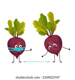 Carácter de remolacha con emociones tristes, cara y máscara mantienen distancia, brazos y piernas. Persona con expresión, emoticono de verduras. Ilustración plana del vector