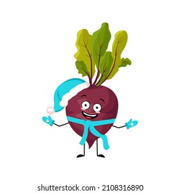 Beet character in Santa hat with happy emotion, joyful face, smile eyes, arms and legs with scarf and mittens. Person for Christmas and New year. Vector flat illustration