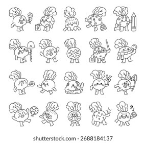 Conjunto de caracteres de beterraba na arte da linha de contorno com diferentes emoções impõe atividades segurando flor, livro, ponteiro, lápis, donut, bola de neve, bolsa, smartphone e pá