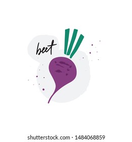Beet flat vector illustration. Beet handwritten calligraphy lettering. Cartoon agricultural product. Healthy vegetarian nutrition. Organic natural dieting. Seasonal food. Harvesting vegetable