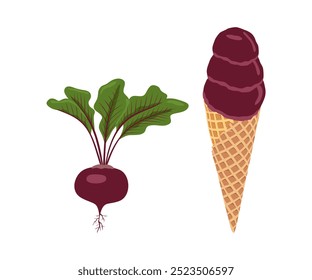 Beet ice cream. Summer healthy refreshment dessert. Vegetarian or vegan trendy food concept. With fresh vegetables. Isolated on white background