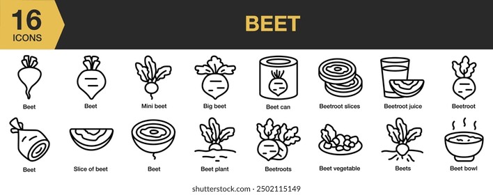 Beet icon set. Includes beet bowl, beet plant, beet, beetroot, big, and More. Outline icons vector collection.