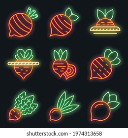 Beet icons set. Outline set of beet vector icons neon color on black