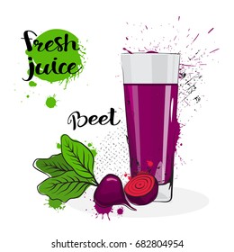 Beet Juice Fresh Hand Drawn Watercolor Vegetable And Glass On White Background Vector Illustration
