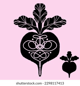 Beet. Modern texture illustration in linocut style, symmetrical, with cut out ornament, also just a grunge silhouette. Black silhouette hand drawing. Element for design

