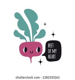 Beet of my heart. Print with funny beetroot. Cute cartoon smile vegetable characters.  Colorful design for cards, banners, printed materials. Cute doodle style emoticons.