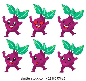 Beet root beetroot purple cartoon character adorable face expression happy sad loved dancing happy cartoon